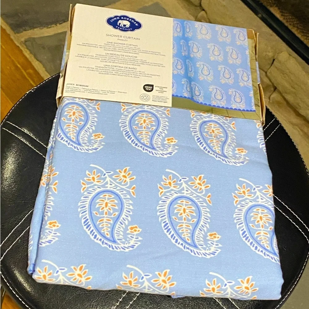John Robshaw Textiles Paisley Luxury Embroidered Edge Blue Fabric Shower Curtain